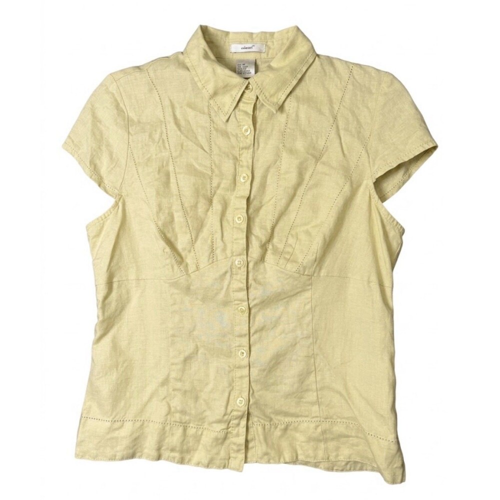 Women's Edward Pale Yellow 100% Linen Cap Sleeve Button-Up Top - Size M